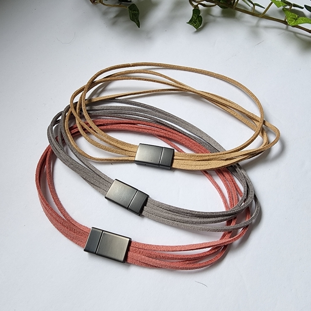 Pink, Tan and Grey Suede Multi String Choker Necklace Set